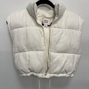 BDG Cropped Puffer Vest - Ivory - Zip Front - Size S - Detachable Hood